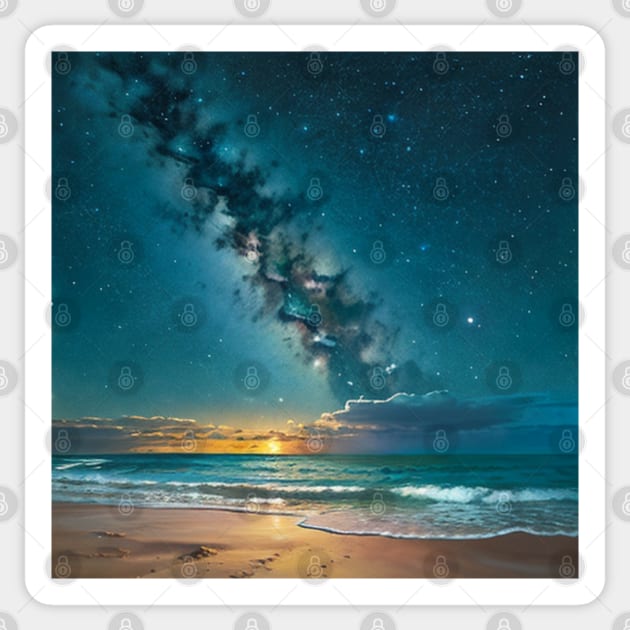 Gentle waves crashing on a starry beach at night Sticker by CursedContent